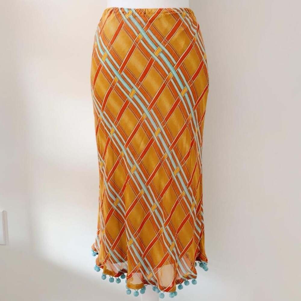 Y2K Striped Midi Skirt with Pom Pom Hem Size S